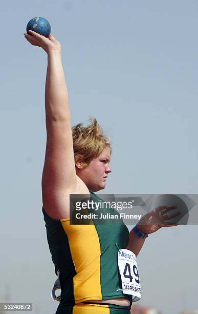 Simone Du Toit of South Africa in action in the girls Shot Put Qualification during the IAAF World Youth Championships, Day Three at the Sidi Youssef...