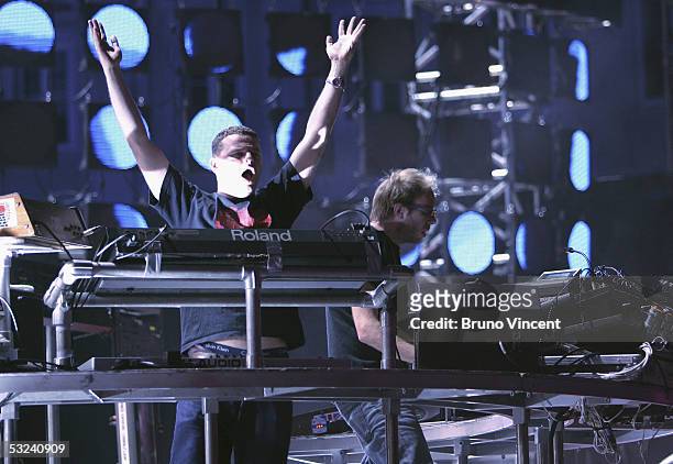 Tom Rowlands and Ed Simons of the Chemical Brothers perform on stage at the Isle Of MTV Club Tour 2005 at Piazza dell'Unita d'Italia on July 14, 2005...