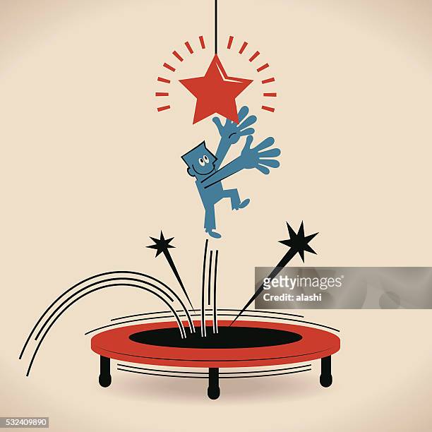 businessman trying to catch star by jumping on trampoline - trampoline stock illustrations