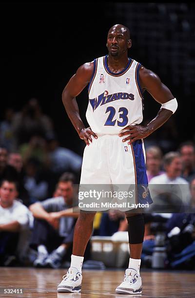 Michael Jordan of the Washington Wizards waits for the ball during the pre-season game against the New Jersey Nets at the MCI Center in Washington,...