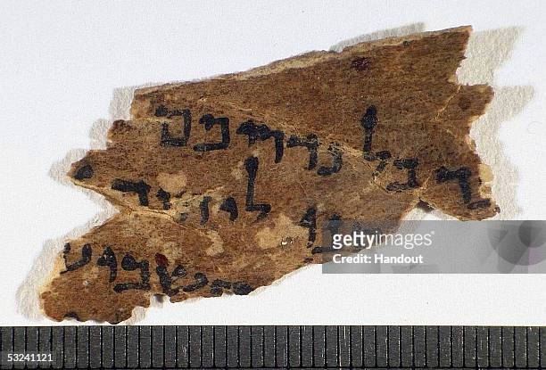 In this handout picture released by Roy Porat small pieces of an ancient Torah scroll containing extracts in Hebrew from the biblical book of...