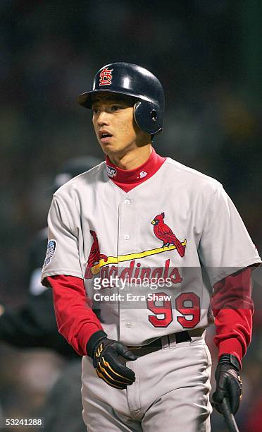 So Taguchi of the St. Louis Cardinals bats against the Boston Red Sox during game two of the 2004 World Series on October 24, 2004 at Fenway Park in...