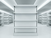 Metal clean shelves in market. 3d rendering