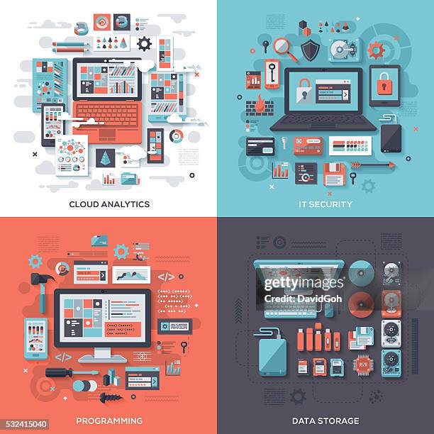 ilustrações de stock, clip art, desenhos animados e ícones de tecnologia & -conceitos de projeto plano de segurança - peça de computador