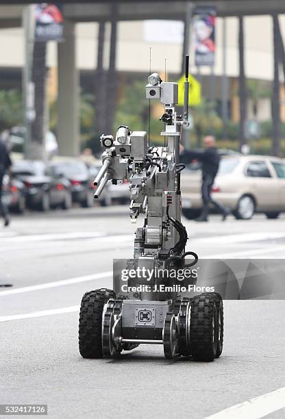 Remote control robot operated by the Los Angeles Police Department Bomb Squad, removes a "suicide vest" from an "Active shooter" situation during an...