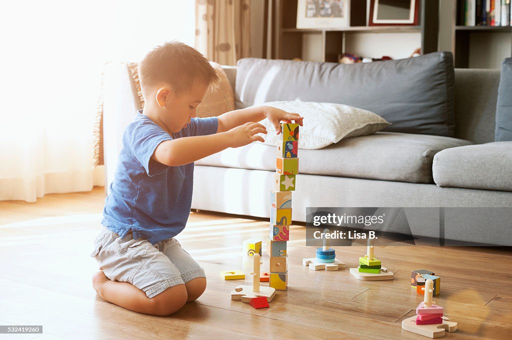 View of boy (4-5 years) playing with building blocks