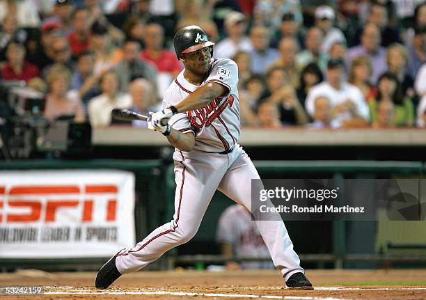 Andruw Jones of the Atlanta Braves swings the bat during game four of the National League Division Series against the Houston Astros at Minute Maid...