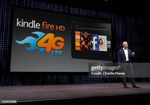 Santa Monica, CA -090612- Jeff Bezos, CEO of Amazon, unveils the new Kindle Fire HD during a press Conference in Santa Monica CA, on September 06,...