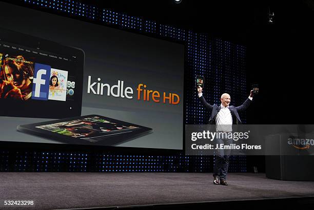 Santa Monica, CA -090612- Jeff Bezos, CEO of Amazon, unveils the new Kindle Fire HD during a press Conference in Santa Monica CA, on September 06,...