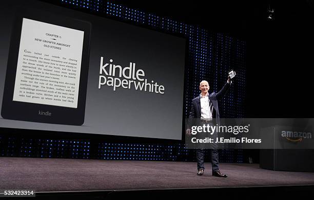 Santa Monica, CA -090612- Jeff Bezos, CEO of Amazon, unveils the new Kindles during a press Conference in Santa Monica CA, on September 06, 2012....