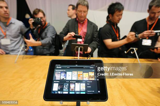 Santa Monica, CA -090612- Reporters try the new Kindle Fire HD after it was unveiled at a press Conference in Santa Monica CA, on September 06, 2012....