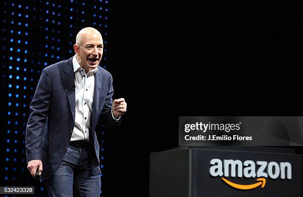 Santa Monica, CA -090612- Jeff Bezos, CEO of Amazon, unveils the new Kindle Fire HD during a press Conference in Santa Monica CA, on September 06,...