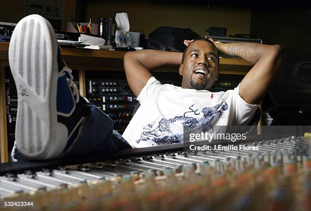 Grammy-award winning rapper and producer Kanye West, takes a break at a recording studio in Los Angeles. The artist is working to complete his...
