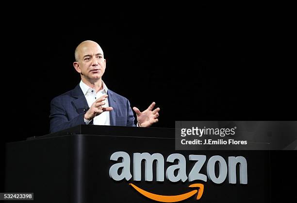Santa Monica, CA -090612- Jeff Bezos, CEO of Amazon, unveils the new Kindle Fire HD during a press Conference in Santa Monica CA, on September 06,...