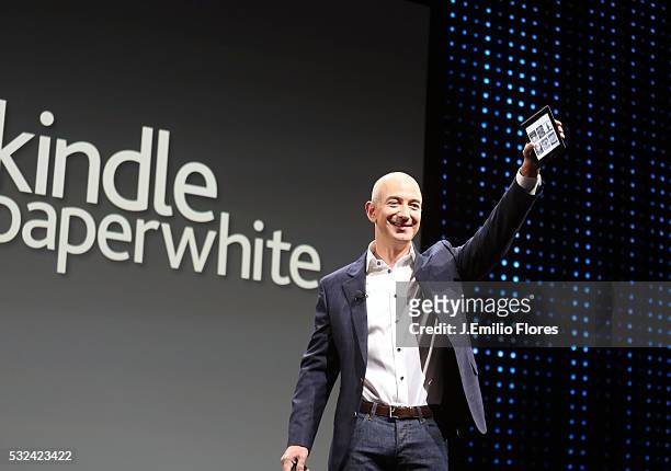 Santa Monica, CA -090612- Jeff Bezos, CEO of Amazon, unveils the new Kindle Fire HD during a press Conference in Santa Monica CA, on September 06,...
