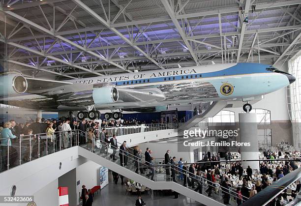 Air Force One on display at the Air Force One Pavilion on opening day with guests attending the dedication ceremony at the Ronald Reagan Presidential...