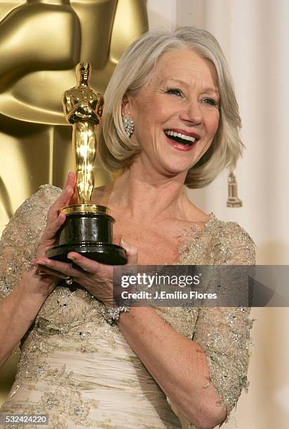 Helen Mirren, the winner for Best Actress, poses with her Oscar® trophy at the 79th Academy Awards® in Hollywood. Oscar® Statuette: ©A.M.P.A.S.®