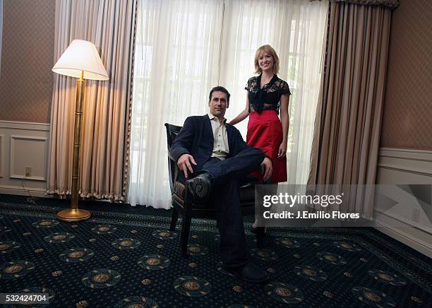 Jon Hamm and January Jones co-stars in a TV show called "Mad Men" featured on AMC, pose at the Four Seasons Hotel, during a promotional tour.