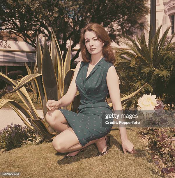 English former model, showgirl and key figure in the Profumo scandal, Christine Keeler posed wearing a blue spotty dress in Cannes, France in May...