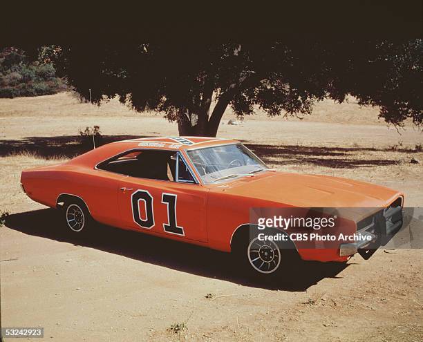 View of the 'General Lee,' the famous orange Dodge Charger emblazoned with the Confederate flag from the television series 'The Dukes of Hazzard,'...