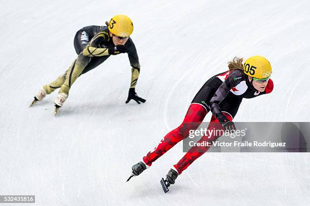 Jessica Hewitt of Canada being followed by Sayuri Shimizu of Japan during the Short Track Speed Skating as part of the 2014 Sochi Olympic Winter...