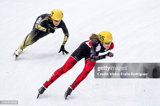 Jessica Hewitt of Canada being followed by Sayuri Shimizu of Japan during the Short Track Speed Skating as part of the 2014 Sochi Olympic Winter...