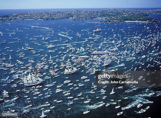 Sydney harbour australia 26th of January 1988. The first fleet reinactment of ships arriving for the bicentenary Celebrations.