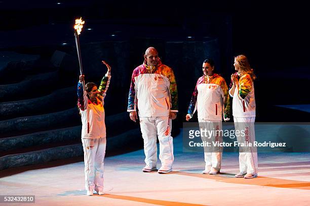 Torchbearers Elena Isinbaeva, Maria Sharapova, Alexander Karelin and Alina Kabaeva during the Opening Ceremony of the 2014 Sochi Olympic Winter Games...