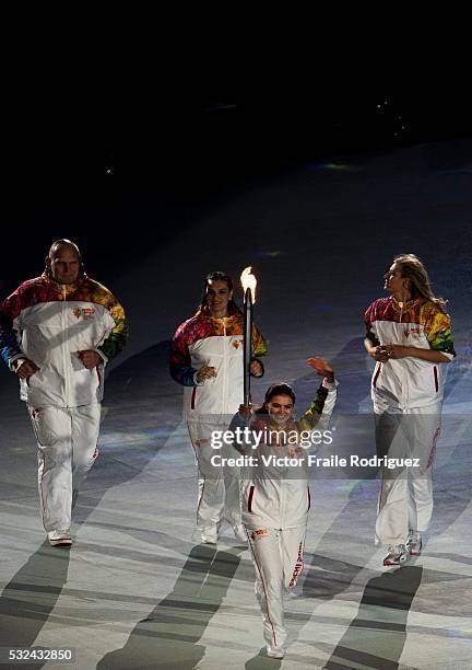 Torchbearers Elena Isinbaeva, Maria Sharapova, Alexander Karelin and Alina Kabaeva during the Opening Ceremony of the 2014 Sochi Olympic Winter Games...