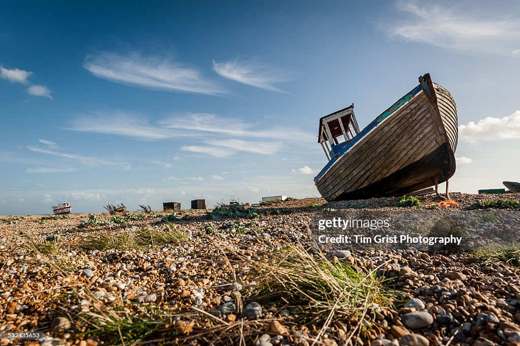 Old Abandoned Fishing Boat on the Shingle Beach, Dungeness, Kent, UK