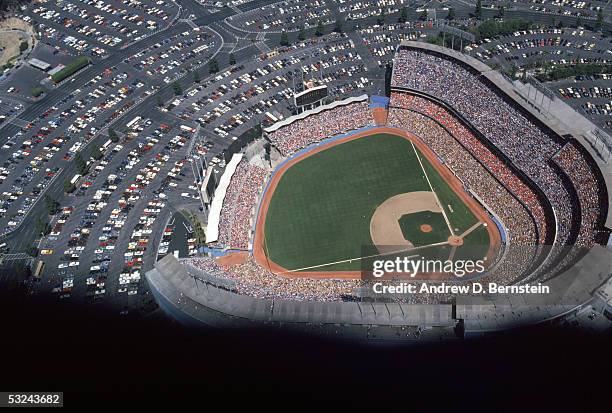 General aerial view of Dodger Stadium taken during a 1985 season game in Los Angeles, California.