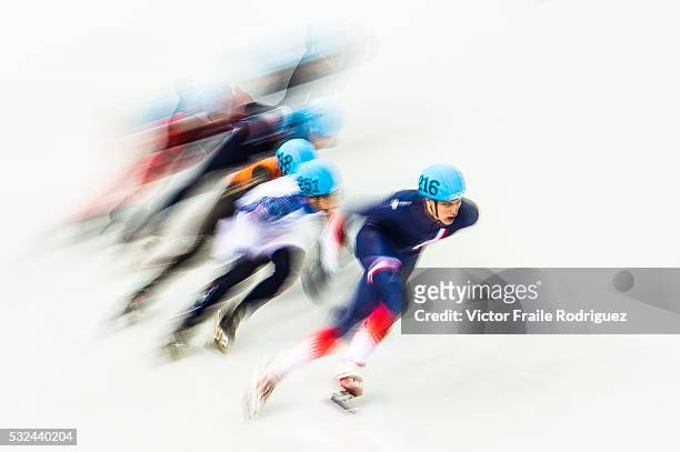 Skaters compete during the Short Track Speed Skating as part of the 2014 Sochi Olympic Winter Games at Iceberg Skating Palace on February 10, 2014 in...