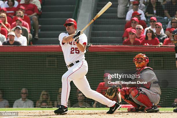 Third baseman Troy Glaus of the Anaheim Angels takes a swing during the American League Division Series with the Boston Red Sox, Game One on October...