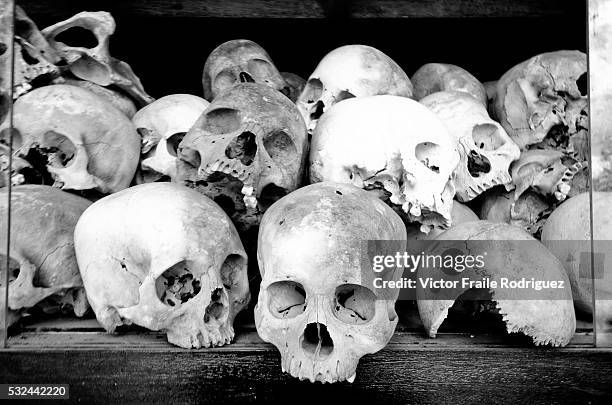 May 2011, Phnom Penh, Cambodia --- A pile of human skulls displayed at the Choeung Ek Genocide Memorial, also know as The Killing Fields, where the...