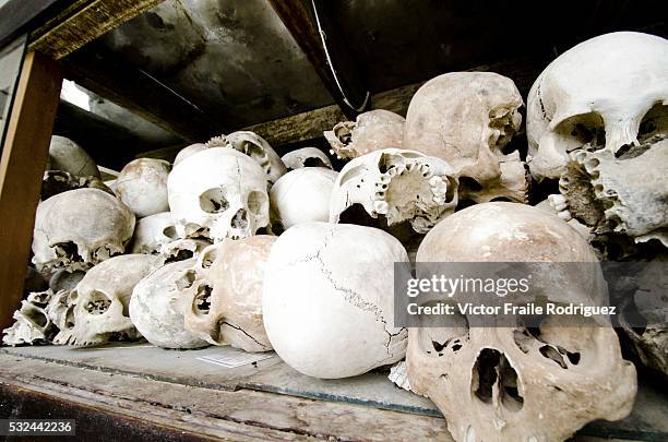 May 2011, Phnom Penh, Cambodia --- A pile of human skulls displayed at the Choeung Ek Genocide Memorial, also know as The Killing Fields, where the...