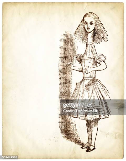 engraving alice in wonderland - alice in wonderland fictional character stock illustrations