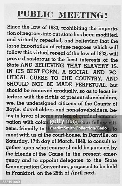 Announcement for a public meeting regarding a discussion to determine the best way to start the process of freeing kept slaves, Danville, Boyle...