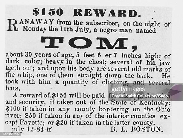 Poster offering a reward of for the capture of a runaway slave identified as Tom, the poster gives a physical description of Tom's body including...