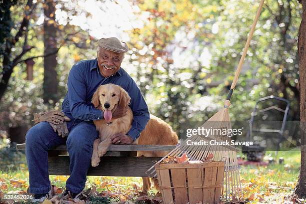 senior man hugging dog - savage dog stock pictures, royalty-free photos & images