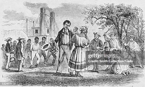 An etching that depicts a slave woman in distress after she has been sold to a slave owner further south, a man plays a drum while two other white...