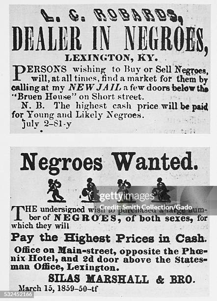 Two posters advertising the services of slave traders, the poster on the top advertises the services of L.C. Robards and the bottom is for Silas...