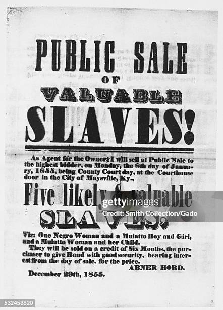 Poster advertising a slave sale, two women and three children are being sold at the auction, they are being offered on six month credit terms with...