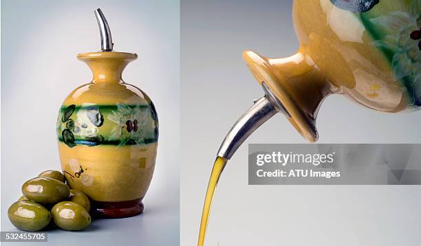 olive oil cruet double - split screen stock pictures, royalty-free photos & images