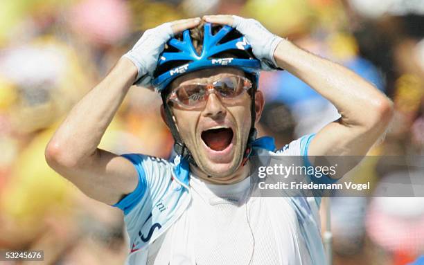 Georg Totschnig of Austria from Gerolsteiner Team celebrates after his winning stage 14 of the 92nd Tour de France between Agde and Ax 3 Domaines on...