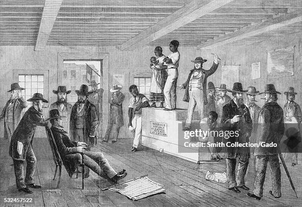 An etching from a painting of a slave auction, a black man stands next to a black woman holding her child on top of a raised platform, two other...