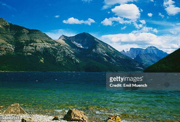 Mount Boswell and Goat Haunt on Waterton Lake, in Waterton Lakes National Park, Alberta, Canada, circa 1965.