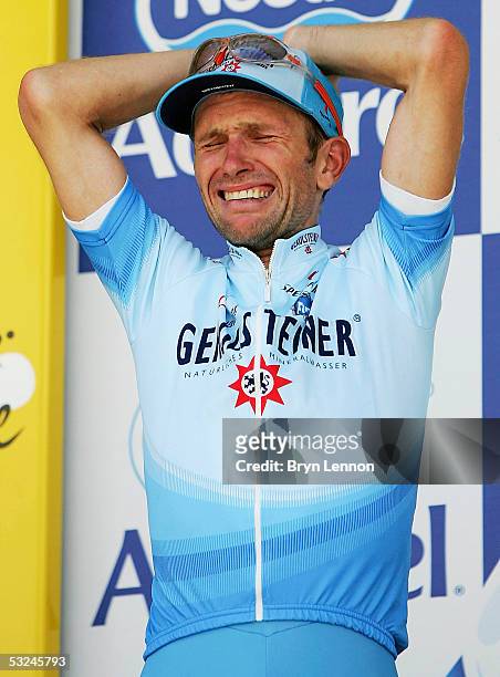 Georg Totschnig of Austria and Gerolsteiner celebrates winning stage 14 of the 92nd Tour de France between Agde and Ax-3 Domaines on July 16, 2005 in...
