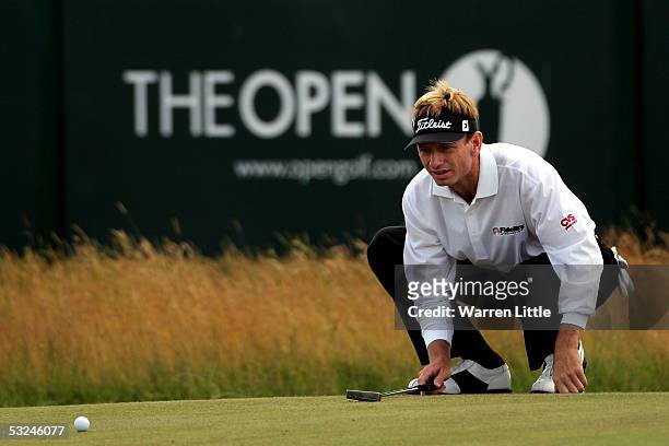 Brad Faxon of the USA lines up a putt during the third round of the 134th Open Championship at Old Course, St Andrews Golf Links, July 16, 2005 in St...