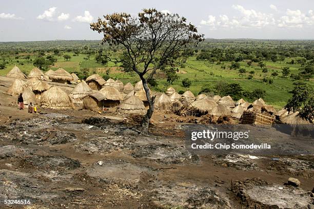 Resident of the Obim Rock Internally Displaced Persons camp surveys the damage from a fire that destroyed about 30 grass huts June 6, 2005 in Lira...