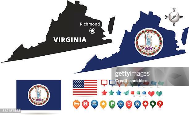 ilustrações, clipart, desenhos animados e ícones de com o mapa e a bandeira do estado de virginia - virgínia estado dos eua